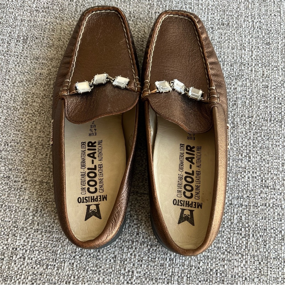 Mephisto Women’s Slip On Loafer Mules Metallic Bronze Leather Jewel Size 7